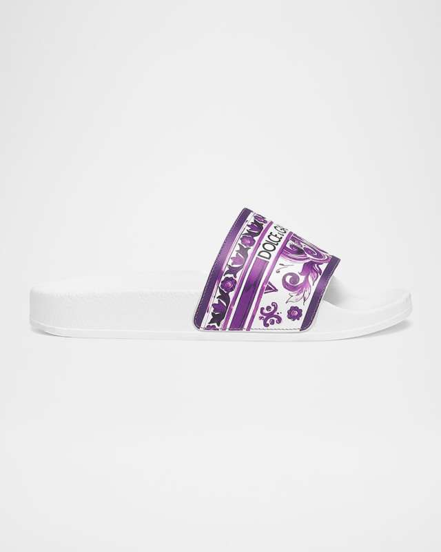 Girl's Majolica-Print Leather Slide Sandals, Kids